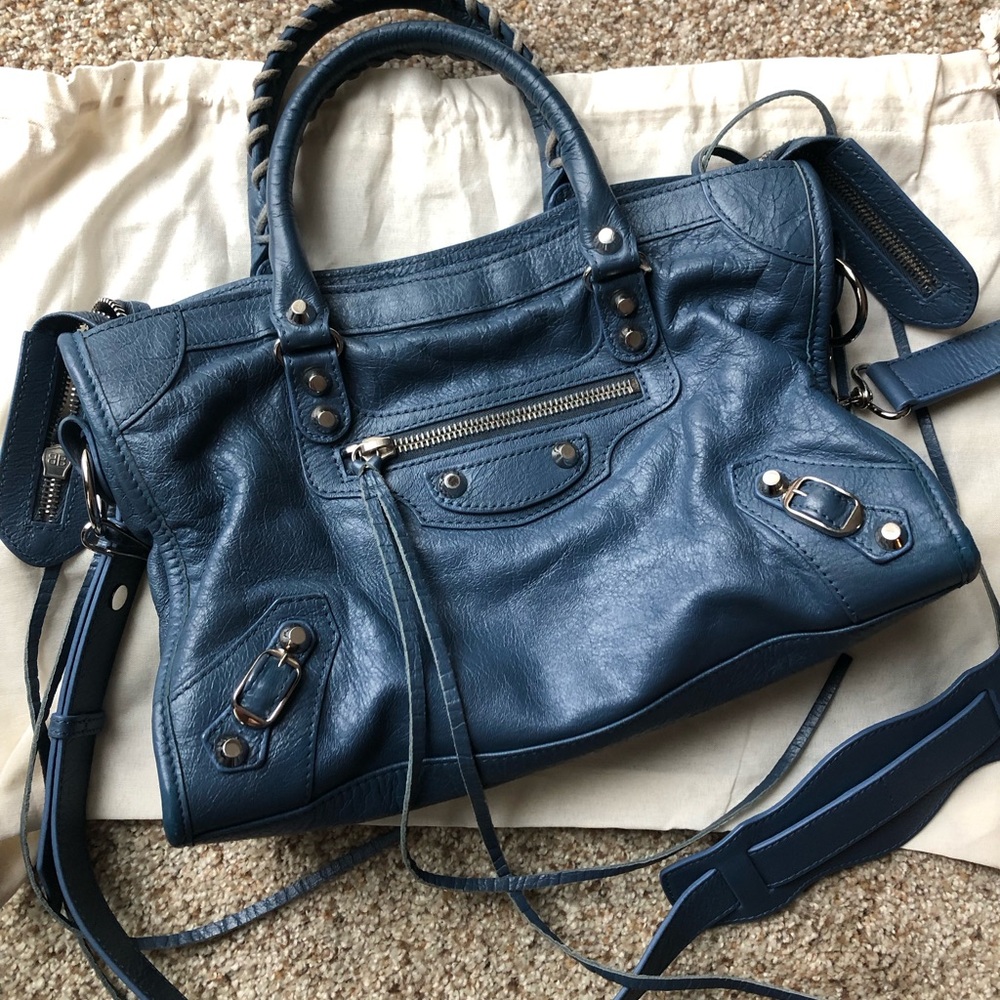 Authentic Balenciaga Small City bag - blue with silver hardware